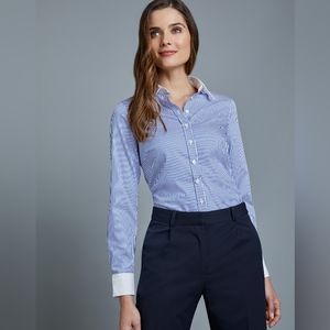 Executive Blue and White Fine Stripe Fitted Shirt with White Collar and Cuffs